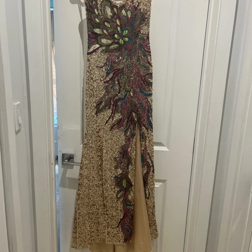 Strapless Sequin Gown with Peacock Design - Picture 2 of 8